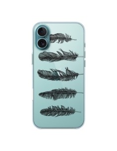 Coque iPhone 16 Plus Plume Feather Noir Transparente -...