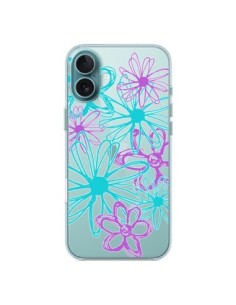 Cover iPhone 16 Plus Fiori Viola e Turchesi Trasparente -...