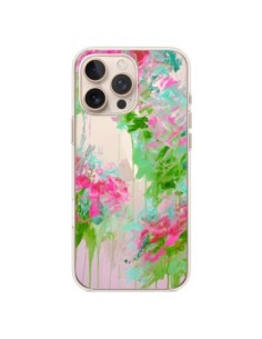 iPhone 16 Pro Max Case Flowers Pink Green Clear - Ebi...