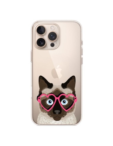 Coque iPhone 16 Pro Max Chat Marron Lunettes Coeurs Transparente - Pet Friendly