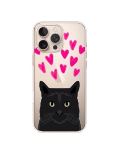 Coque iPhone 16 Pro Max Chat Noir Coeurs Transparente -...
