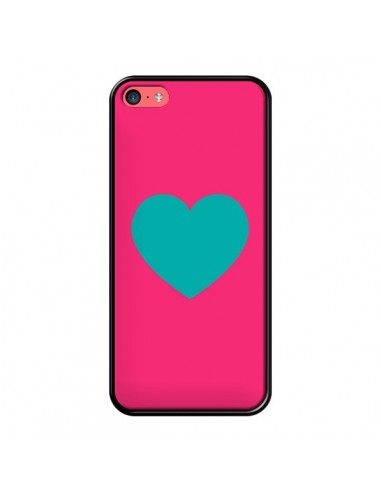 Coque iPhone 5C Coeur Bleu Fond Rose - Laetitia
