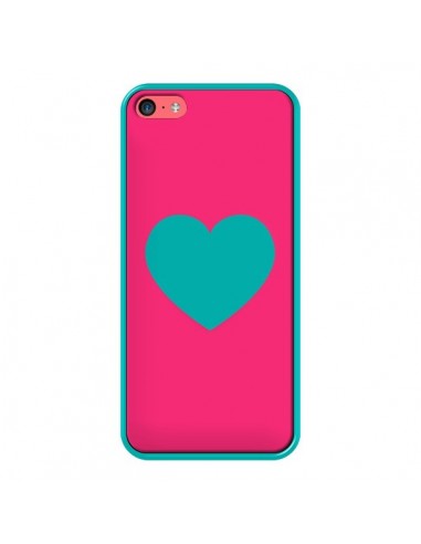 Coque iPhone 5C Coeur Bleu Fond Rose - Laetitia