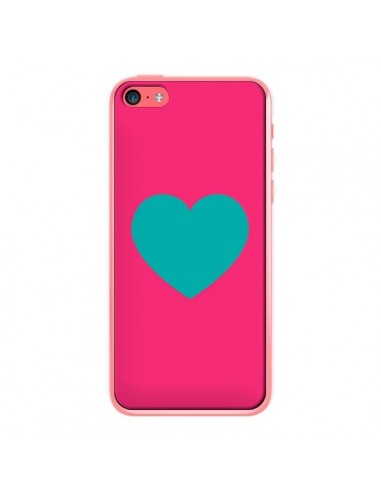 Coque iPhone 5C Coeur Bleu Fond Rose - Laetitia