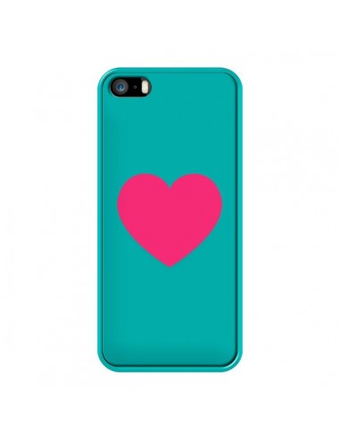 Coque iPhone 5/5S et SE Coeur Rose Fond Bleu - Laetitia