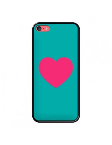 Coque iPhone 5C Coeur Rose Fond Bleu - Laetitia