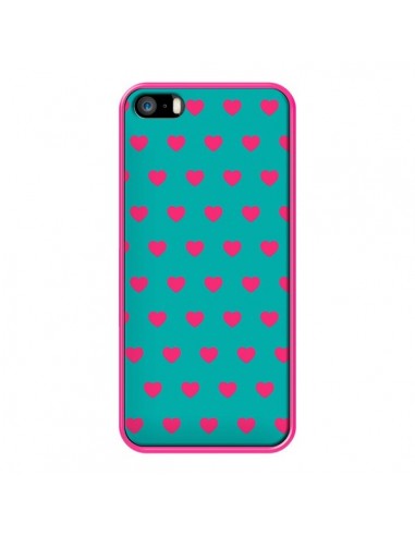 Coque iPhone 5/5S et SE Coeurs Roses Fond Bleu - Laetitia