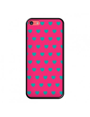 Coque iPhone 5C Coeurs Bleus Fond Rose - Laetitia