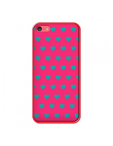 Coque iPhone 5C Coeurs Bleus Fond Rose - Laetitia