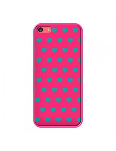 Coque iPhone 5C Coeurs Bleus Fond Rose - Laetitia