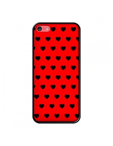Coque iPhone 5C Coeurs Noirs Fond Rouge - Laetitia