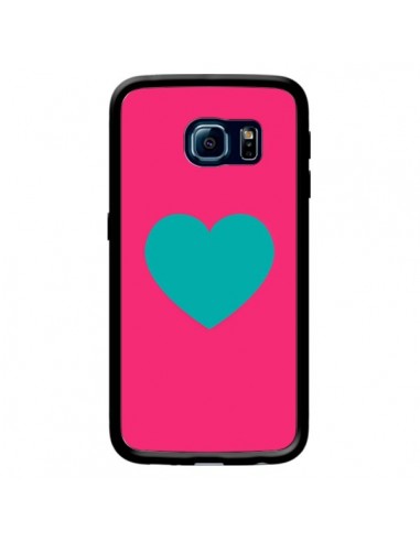 Coque Coeur Bleu Fond Rose pour Samsung Galaxy S6 Edge - Laetitia