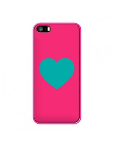 Coque iPhone 5/5S et SE Coeur Bleu Fond Rose - Laetitia