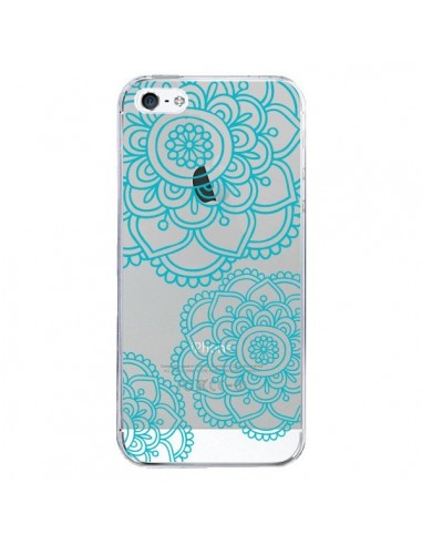 Coque iPhone 5/5S et SE Mandala Bleu Aqua Doodle Flower Transparente - Sylvia Cook