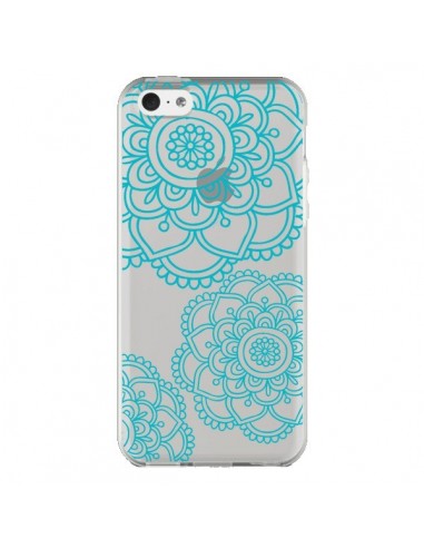 Coque iPhone 5C Mandala Bleu Aqua Doodle Flower Transparente - Sylvia Cook