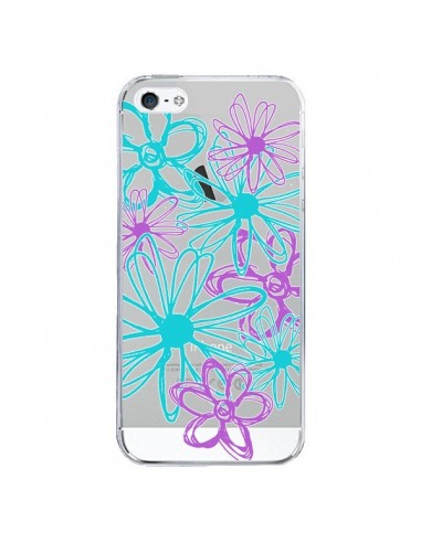 Coque iPhone 5/5S et SE Turquoise and Purple Flowers Fleurs Violettes Transparente - Sylvia Cook