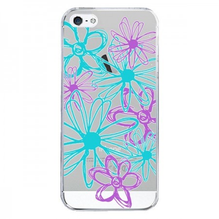 Coque iPhone 5/5S et SE Turquoise and Purple Flowers Fleurs Violettes Transparente - Sylvia Cook