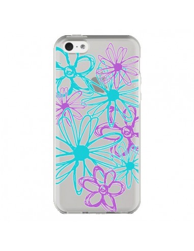 Coque iPhone 5C Turquoise and Purple Flowers Fleurs Violettes Transparente - Sylvia Cook