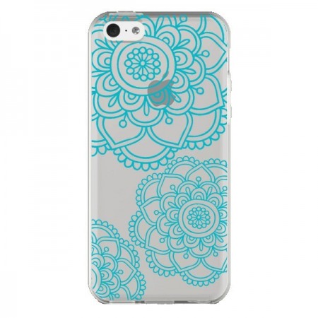 Coque iPhone 5C Mandala Bleu Aqua Doodle Flower Transparente - Sylvia Cook