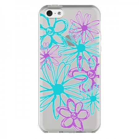 Coque iPhone 5C Turquoise and Purple Flowers Fleurs Violettes Transparente - Sylvia Cook