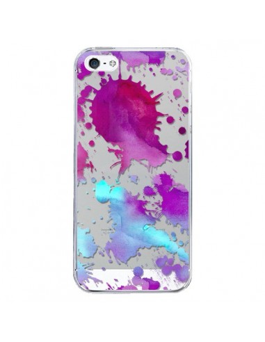 Coque iPhone 5/5S et SE Watercolor Splash Taches Bleu Violet Transparente - Sylvia Cook