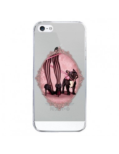 Coque iPhone 5/5S et SE Lady Jambes Chien Bulldog Dog Rose Pois Noir Transparente - Maryline Cazenave