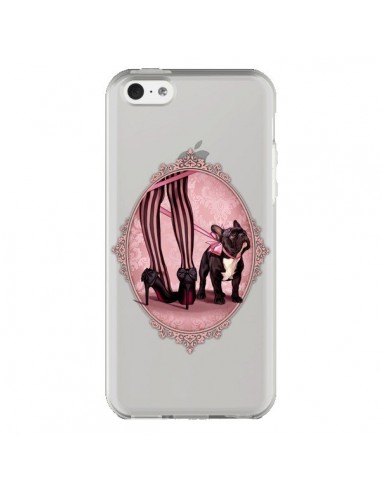 Coque iPhone 5C Lady Jambes Chien Bulldog Dog Rose Pois Noir Transparente - Maryline Cazenave