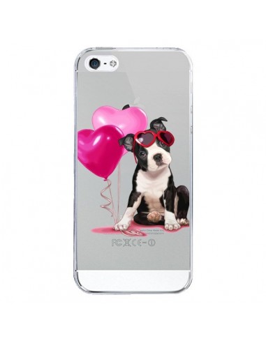 Coque iPhone 5/5S et SE Chien Dog Ballon Lunettes Coeur Rose Transparente - Maryline Cazenave