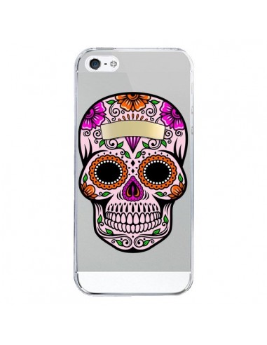 Coque iPhone 5/5S et SE Tête de Mort Mexicaine Noir Rose Transparente - Laetitia