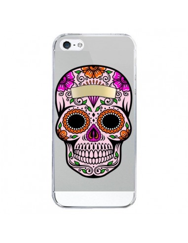 Coque iPhone 5/5S et SE Tête de Mort Mexicaine Noir Rose Transparente - Laetitia