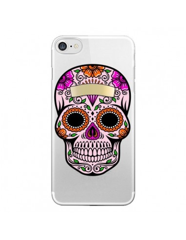 Coque iPhone 7/8 et SE 2020 Tête de Mort Mexicaine Noir Rose Transparente - Laetitia