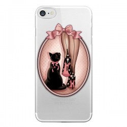 Coque iPhone 7/8 et SE 2020 Lady Chat Noeud Papillon Pois...