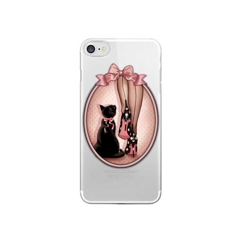 Coque iPhone 7/8 et SE 2020 Lady Chat Noeud Papillon Pois Chaussures Transparente - Maryline Cazenave