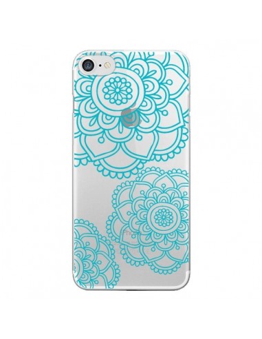 Coque iPhone 7/8 et SE 2020 Mandala Bleu Aqua Doodle Flower Transparente - Sylvia Cook