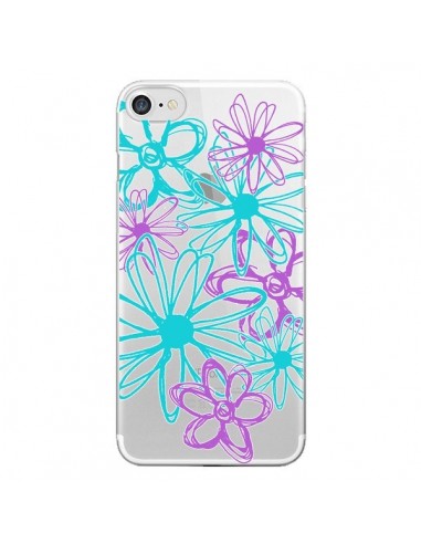 Coque iPhone 7/8 et SE 2020 Turquoise and Purple Flowers Fleurs Violettes Transparente - Sylvia Cook