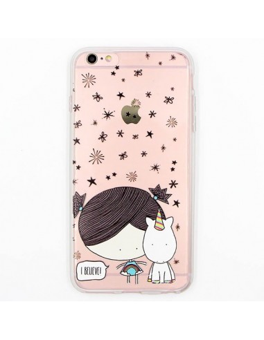 Coque Petite Fille et Licorne Etoiles Transparente en silicone semi-rigide TPU pour iPhone 5/5S et SE