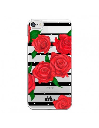 Coque iPhone 7/8 et SE 2020 Red Roses Rouge Fleurs Flowers Transparente - kateillustrate