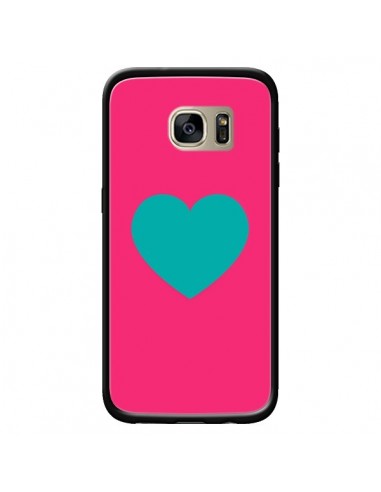 Coque Coeur Bleu Fond Rose pour Samsung Galaxy S7 Edge - Laetitia