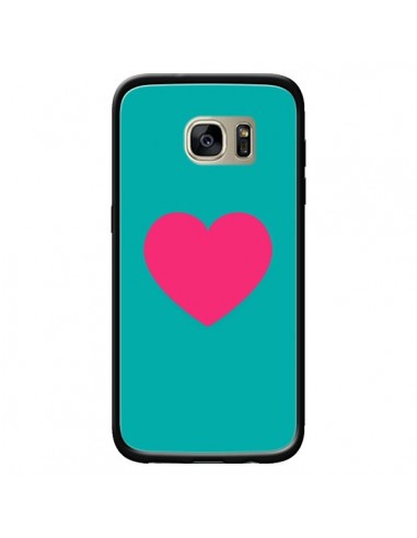 Coque Coeur Rose Fond Bleu pour Samsung Galaxy S7 Edge - Laetitia