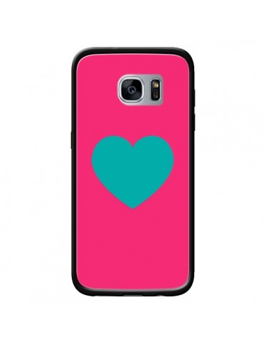 Coque Coeur Bleu Fond Rose pour Samsung Galaxy S7 - Laetitia