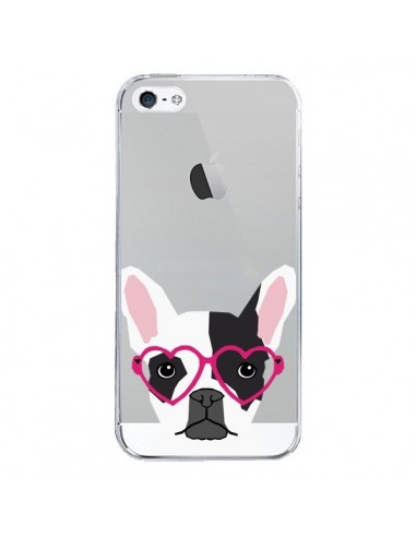 Coque iPhone 5/5S et SE Bulldog Français Lunettes Coeurs Chien Transparente - Pet Friendly