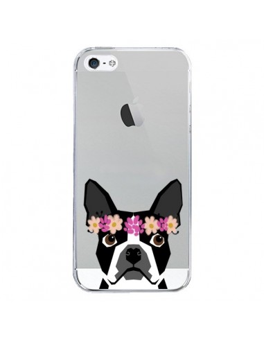 Coque iPhone 5/5S et SE Boston Terrier Fleurs Chien Transparente - Pet Friendly