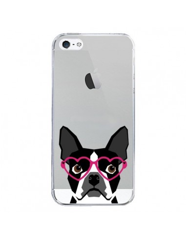 Coque iPhone 5/5S et SE Boston Terrier Lunettes Coeurs Chien Transparente - Pet Friendly