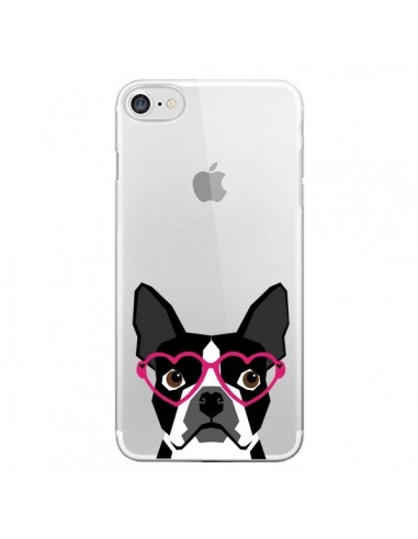 Coque iPhone 7/8 et SE 2020 Boston Terrier Lunettes Coeurs Chien Transparente - Pet Friendly