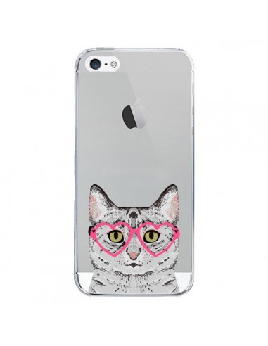 Coque iPhone 5/5S et SE Chat Gris Lunettes Coeurs Transparente - Pet Friendly