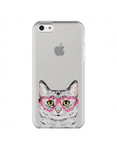 Coque iPhone 5C Chat Gris Lunettes Coeurs Transparente -...