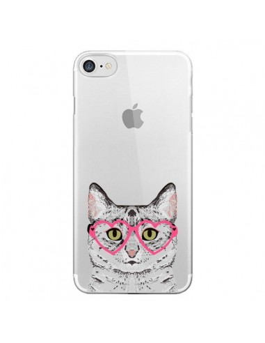 Coque iPhone 7/8 et SE 2020 Chat Gris Lunettes Coeurs Transparente - Pet Friendly