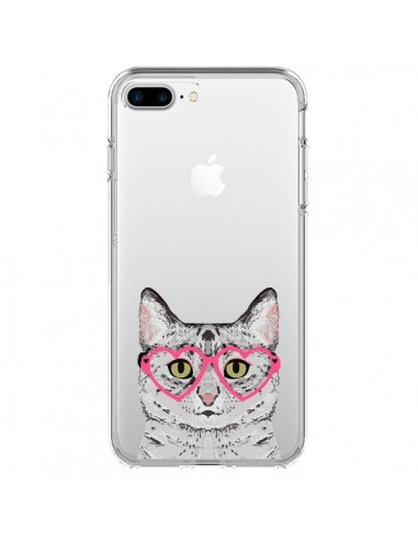 Coque iPhone 7 Plus et 8 Plus Chat Gris Lunettes Coeurs Transparente - Pet Friendly