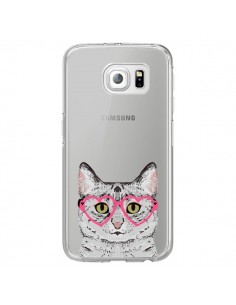 Coque Chat Gris Lunettes Coeurs Transparente pour Samsung...