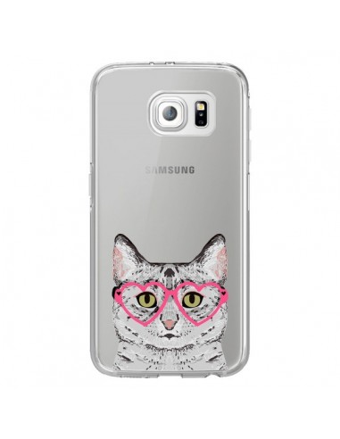 Coque Chat Gris Lunettes Coeurs Transparente pour Samsung Galaxy S6 Edge - Pet Friendly